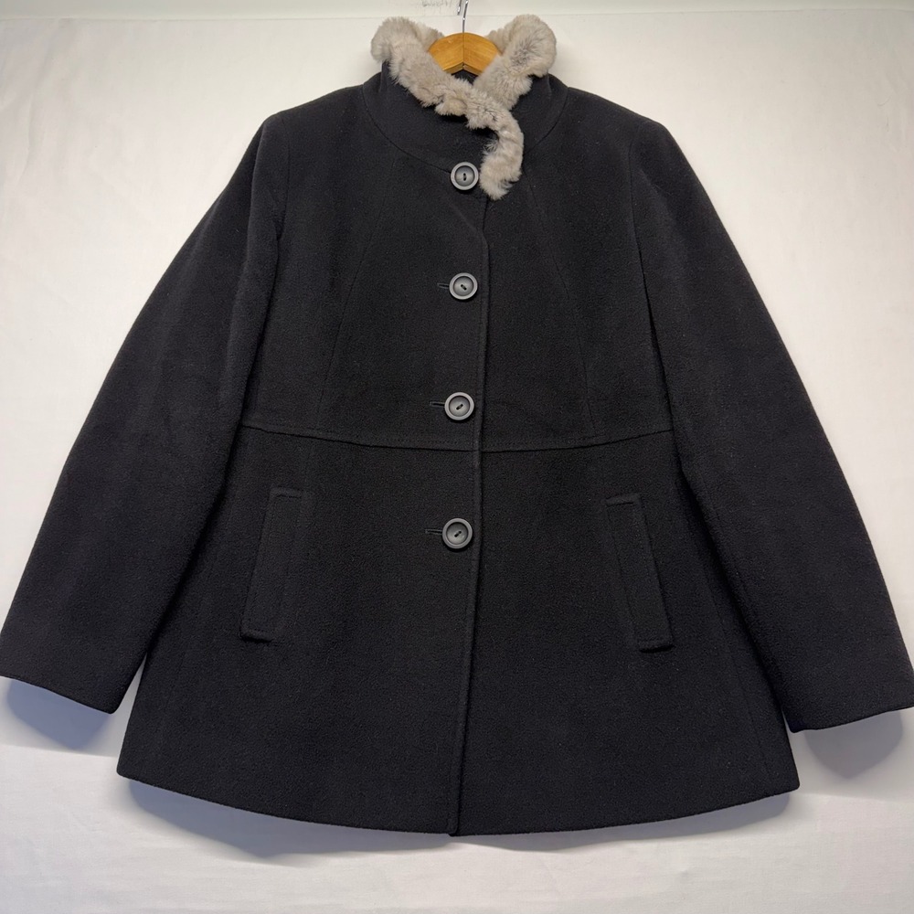 Cinzia Rocca Wool Cashmere Coat Rabbit Fur Collar Black‎ Swing Luxury 12